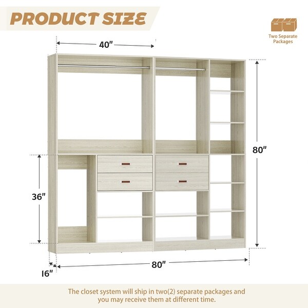 80''W Set of 2 Freestanding Closet System with Drawers, Reversible