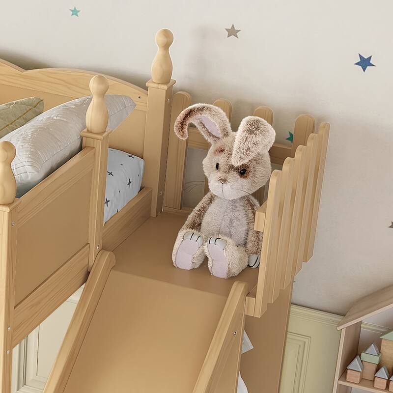 Twin Loft Bed with Storage Shelves and Wardrobe, Solid Wood Loft Beds with Detachable Slide and Ladders, No Spring Box Needed