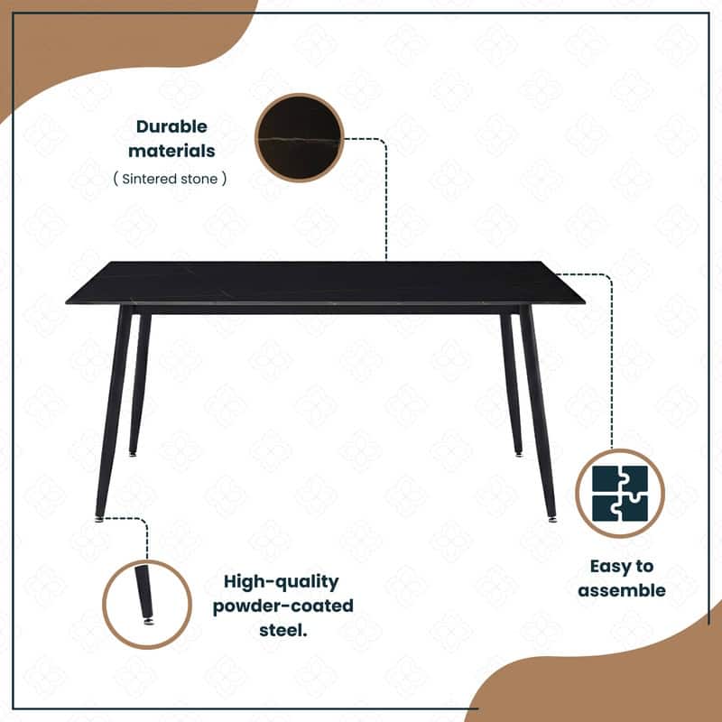 Zayle Rectangular Dining Table with Glass/Sintered Stone Tabletop in Steel