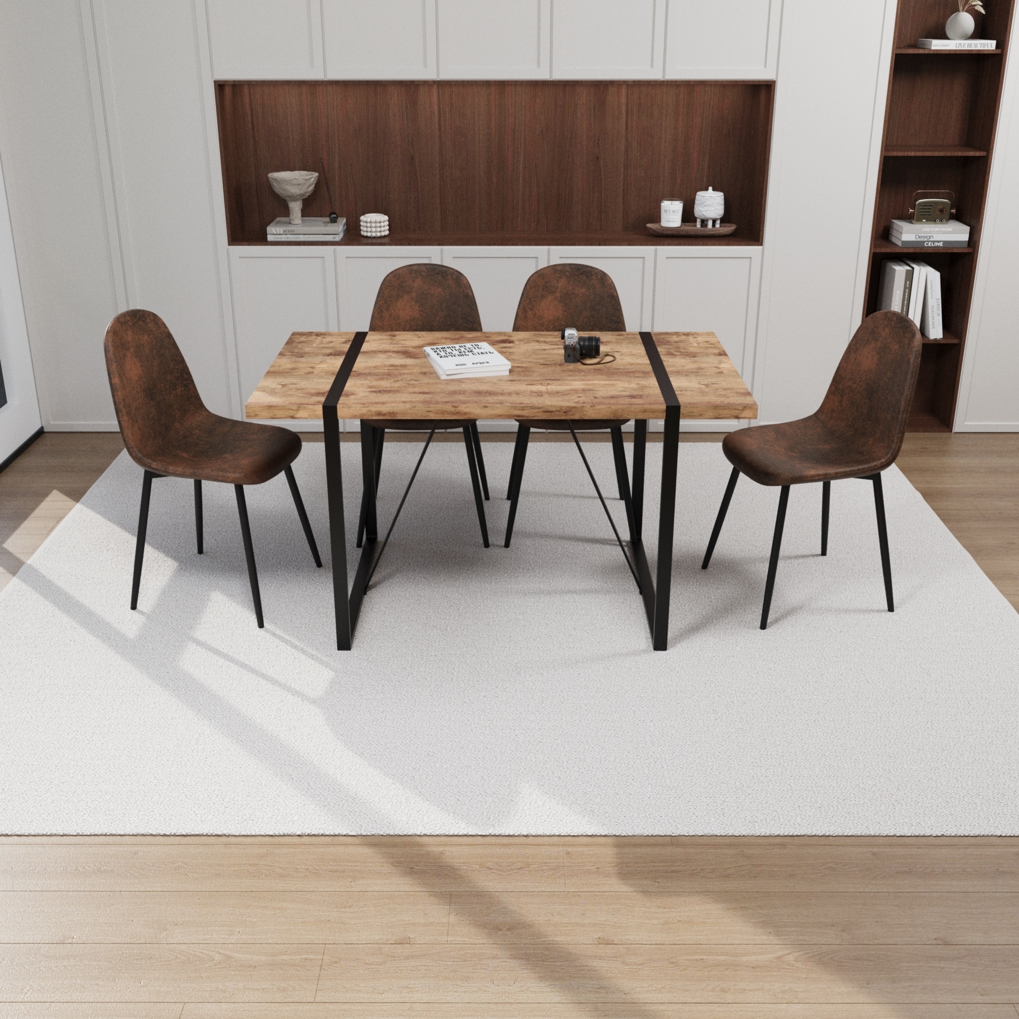 MDF dark wood dining table and modern dining chair 4 piece set medieval wooden kitchen dining table set rectangular metal base