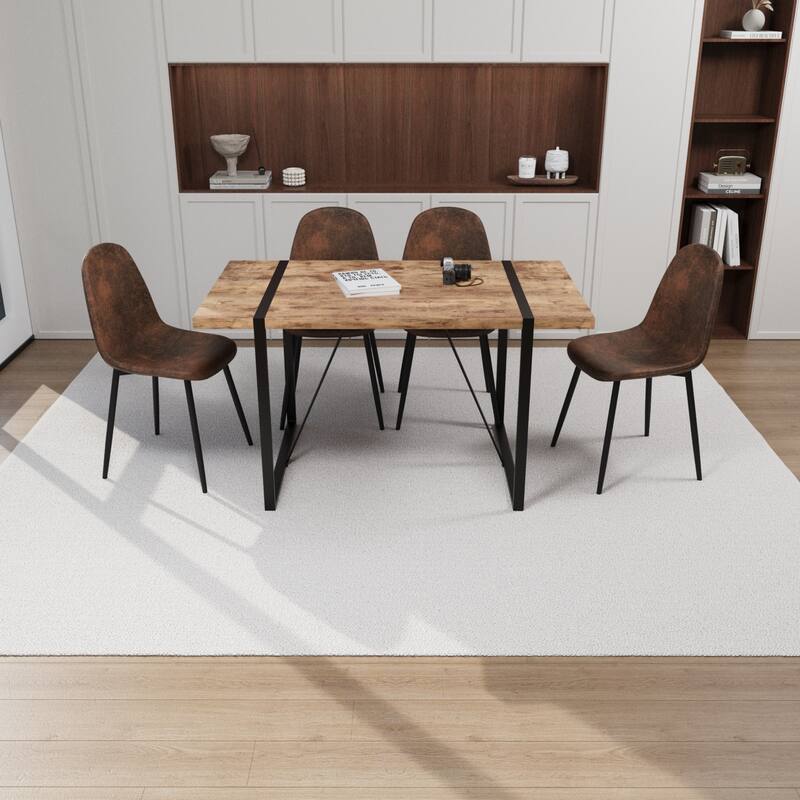 Modern Style 5-Piece Dining Set with Rectangular MDF Dark Wood Table and 4 Round Corner Suede Dining Chairs