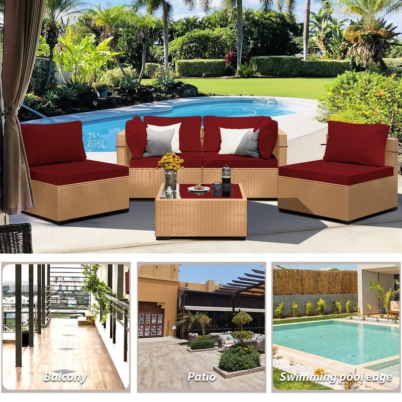 Patio Watcher 5-Pieces Yellow Rattan Conversation Set with Cusions for Outdoors