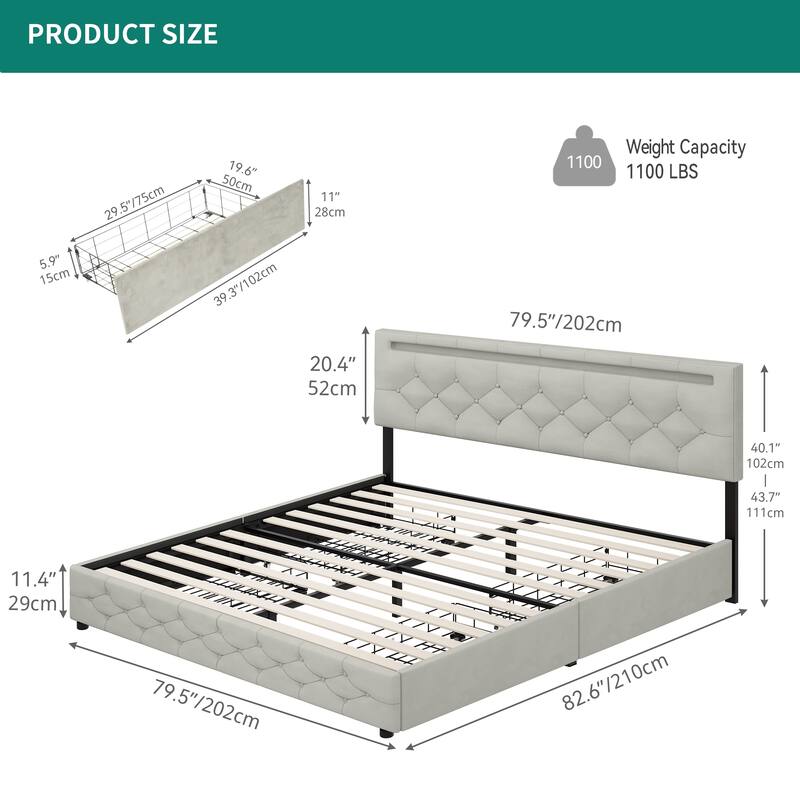 Adjustable Upholstered Headboard Platform Bed with LED light and USB Charging