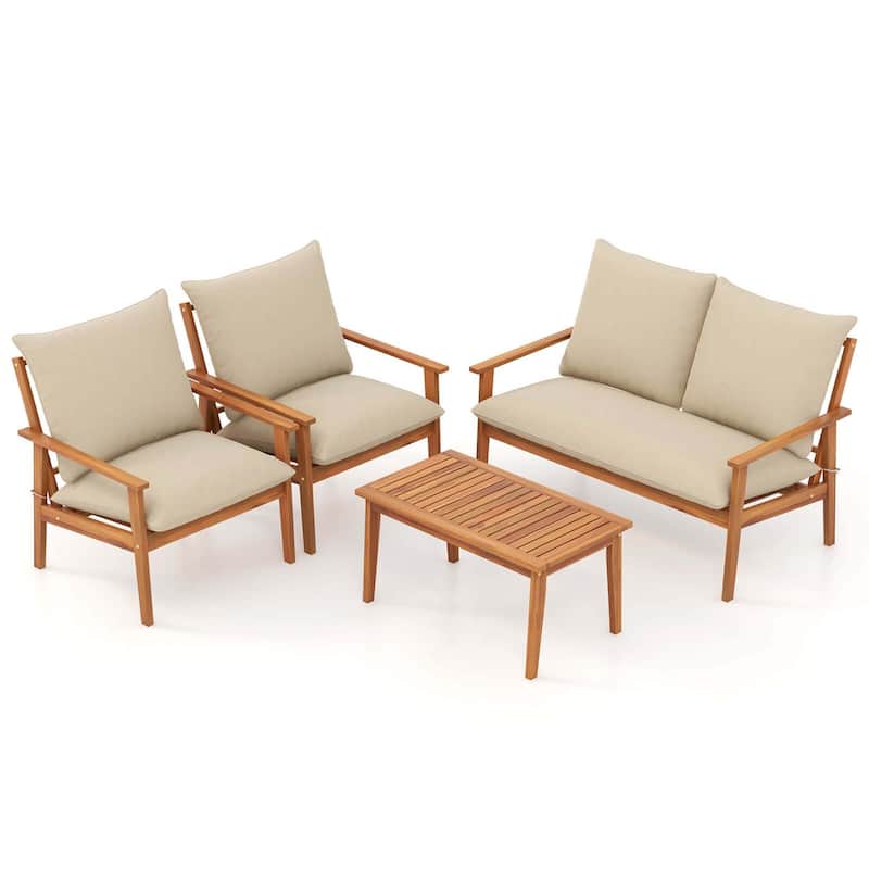 4 PCS Patio Furniture Set Outdoor Acacia Wood Conversation Set - Off White+Natural