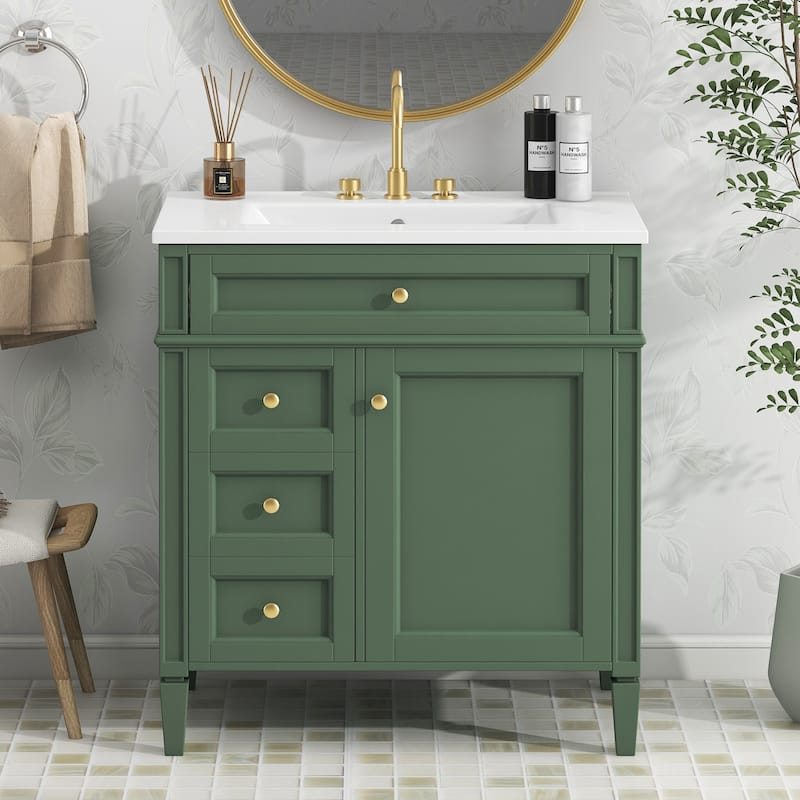 30" Modern Bathroom Vanity with Top-Mounted Sink, Featuring Two Drawers, A Tip-Out Drawer, And A Sleek Single-Sink Design .