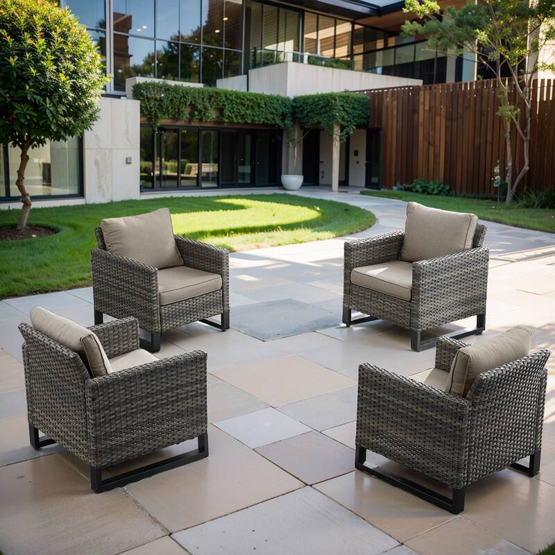 4 PE Rattan Outdoor Dining Chairs with Cushions - Grey - Grey - Grey