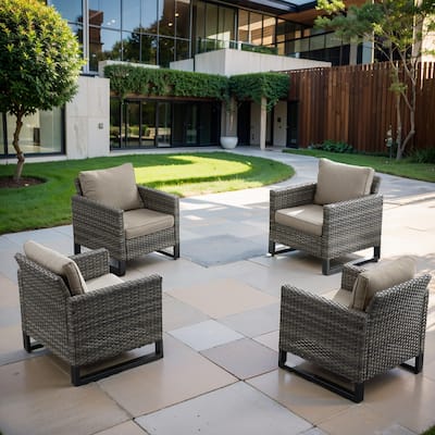 4 PE Rattan Outdoor Dining Chairs with Cushions - Grey
