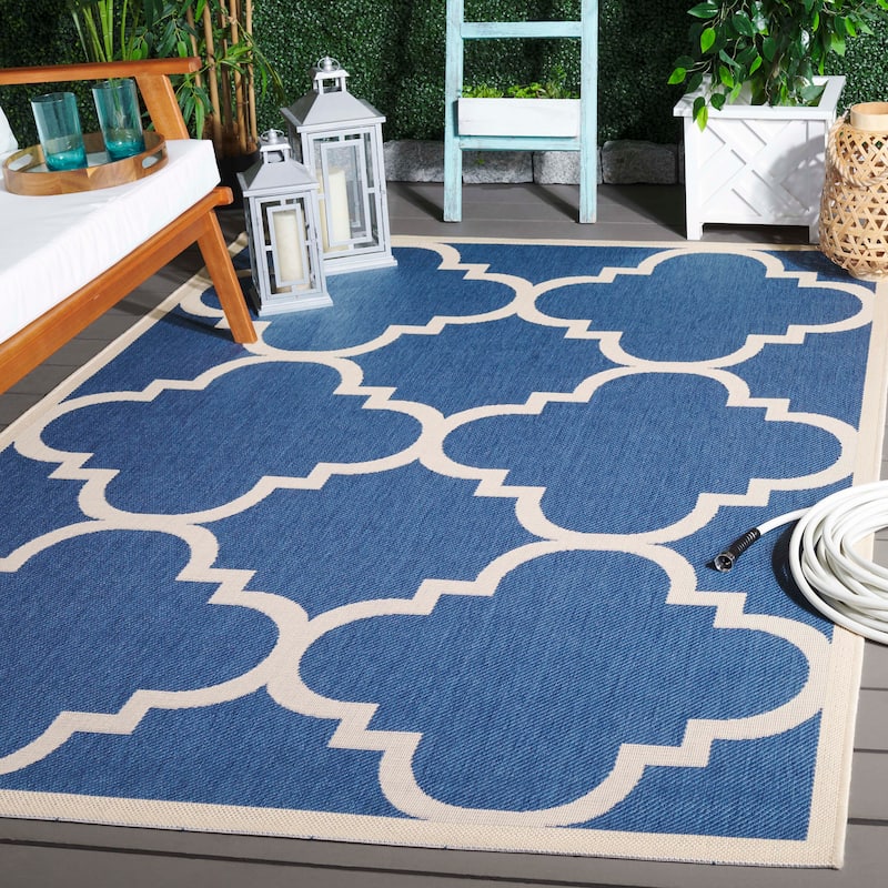 SAFAVIEH Courtyard Hafiza Indoor/ Outdoor Waterproof Patio Backyard Rug - 6'7" x 9'6" - Blue/Beige