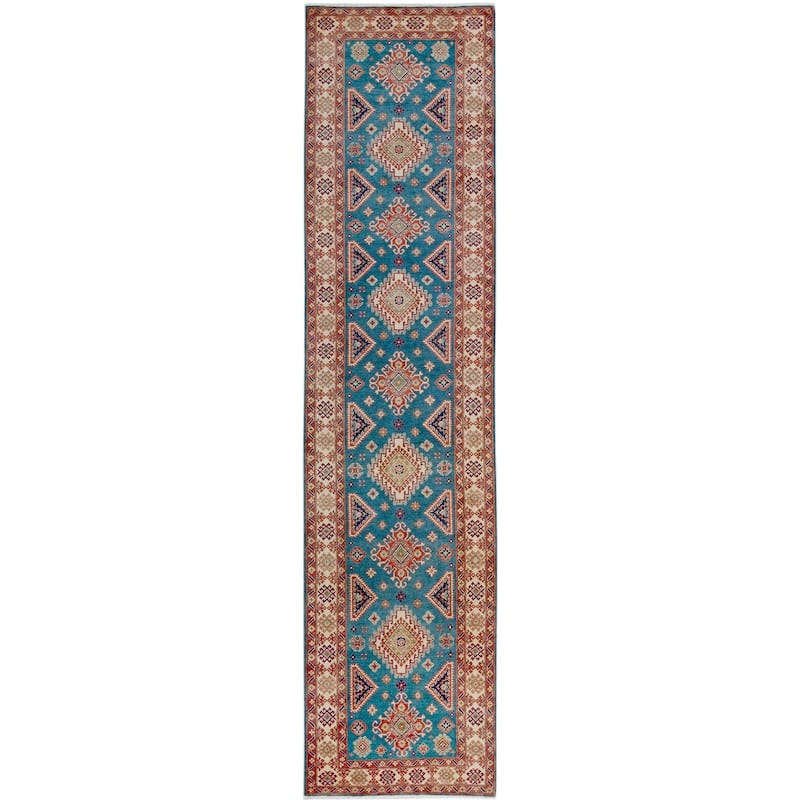Rustic Kazak Katrina Blue/Natural Wool Runner - 4'0'' x 16'2''
