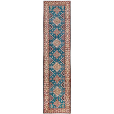 Rustic Kazak Katrina Blue/Natural Wool Runner - 4'0'' x 16'2''