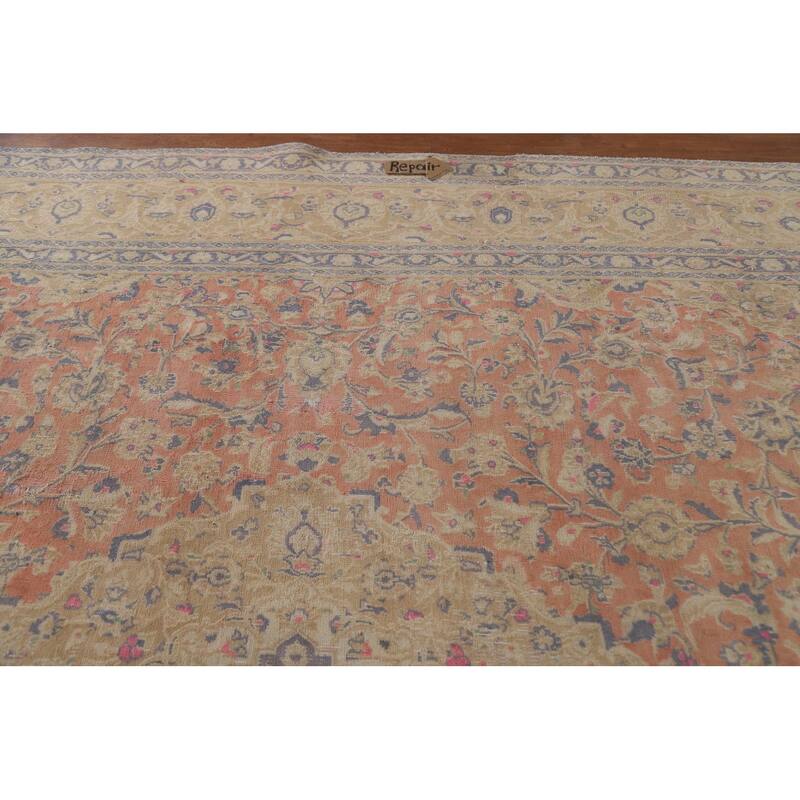 Hand Knotted Oriental 100% Wool Carpet Traditional Floral Coral Mashad Area Rug - 12' 7'' X 9' 3''