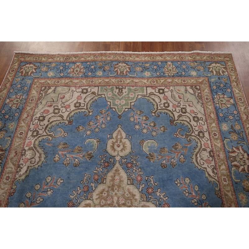 Blue Tabriz Persian Vintage Area Rug Handmade Wool Carpet - 6'6" x 9'10"