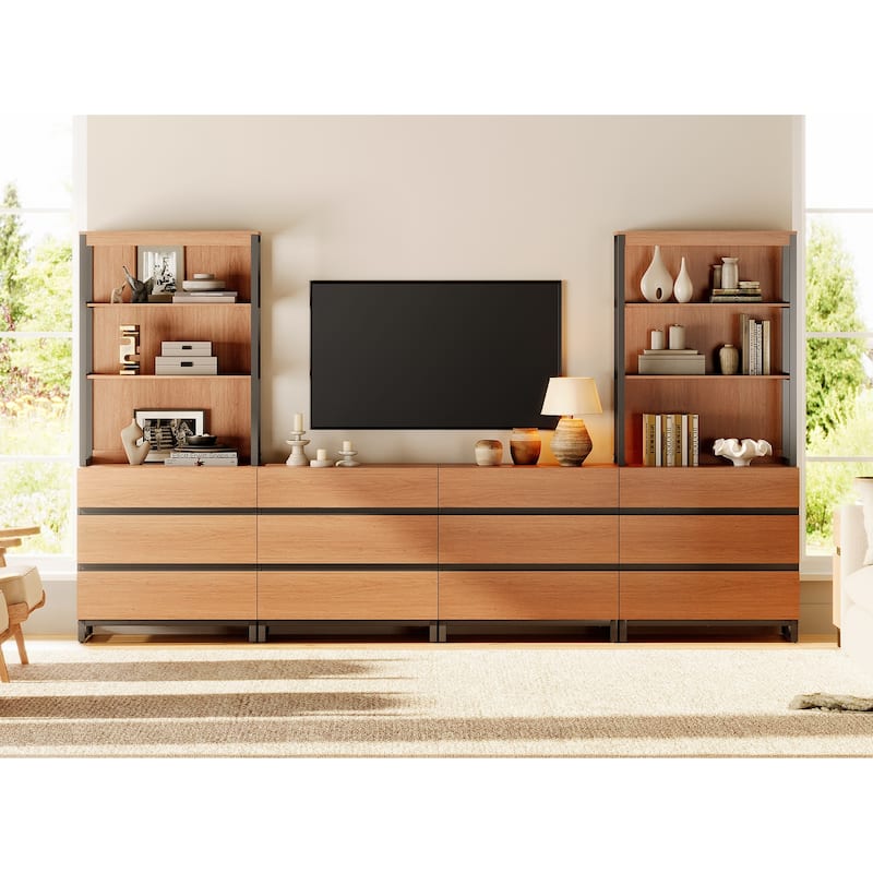 WAMPAT Modern TV Stand with 3 Tiers Bookshelf, Farmhouse Entertainment Center with 12 Drawers and Adjustable Shelf