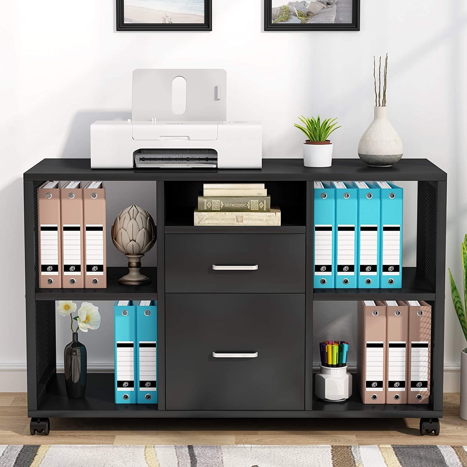 2 drawer file cabinet with open shelf in black deals