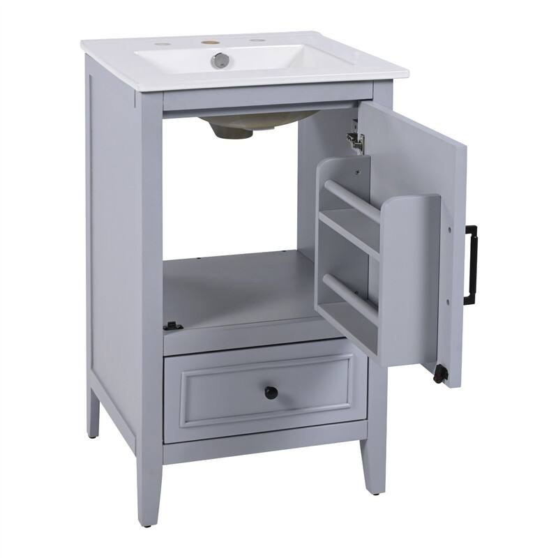 20" Bathroom Vanity with Ceramic Sink, Freestanding Bathroom Vanity Cabinet with 1 Door, 1 Storage Drawer and Door Shelf Design