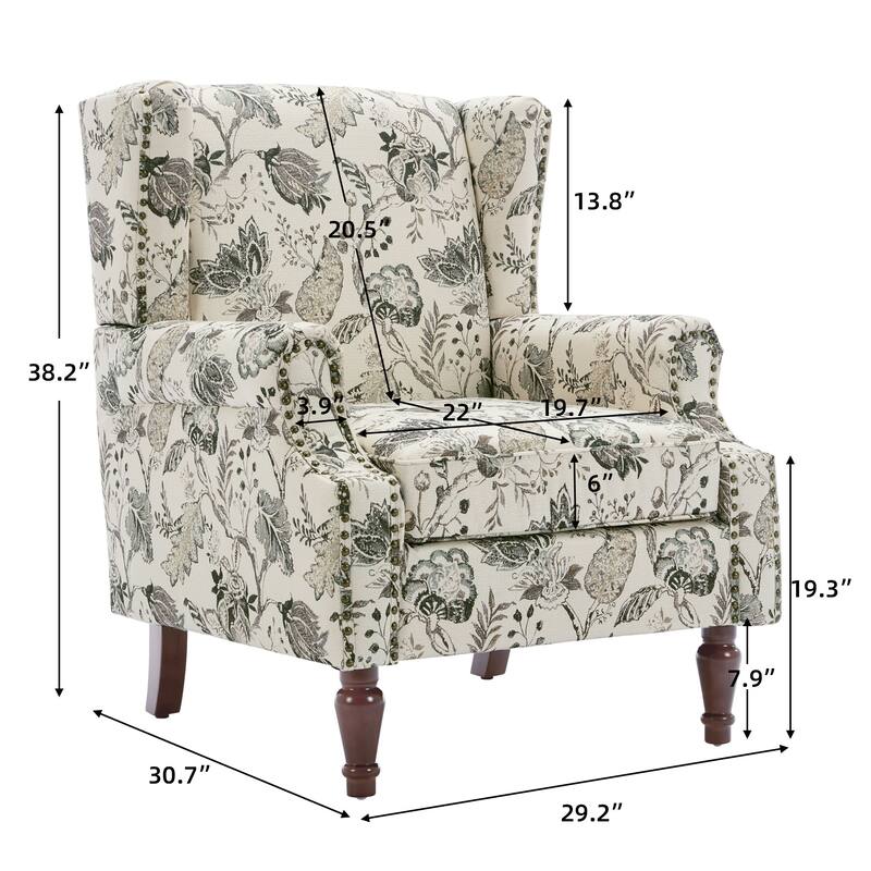 Traditional Floral Patterned Wingback Armchair with Nailhead Trim