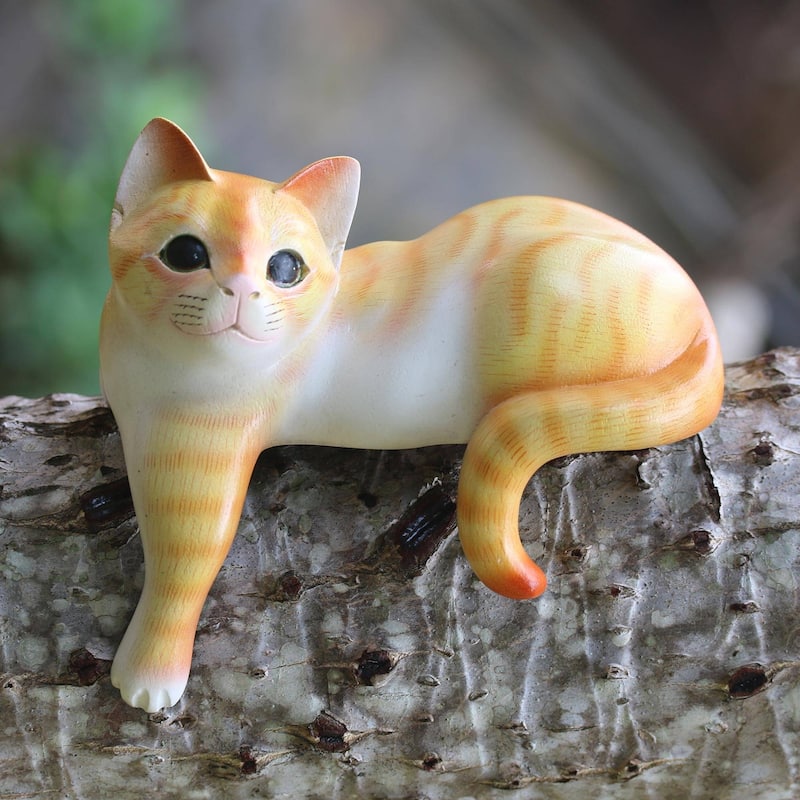 Wood sculpture, 'Watchful Orange Cat'
