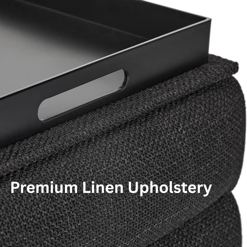 Modern Cube Ottoman with Tray Top and Hidden Storage Linen Seat