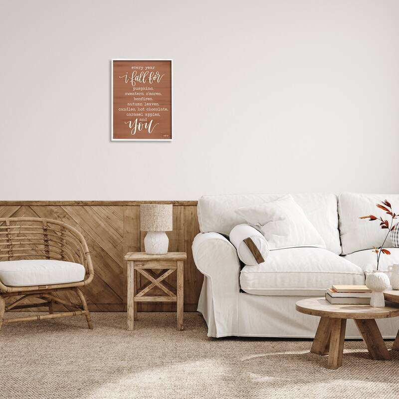 Stupell Cozy Romantic Autumn Quote Brown Seasonal Calligraphy Framed Wall Art - White