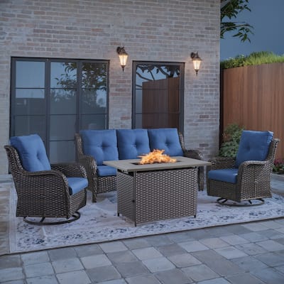 4 Piece Patio Sofa Chair with Fire Pit Table - Brown