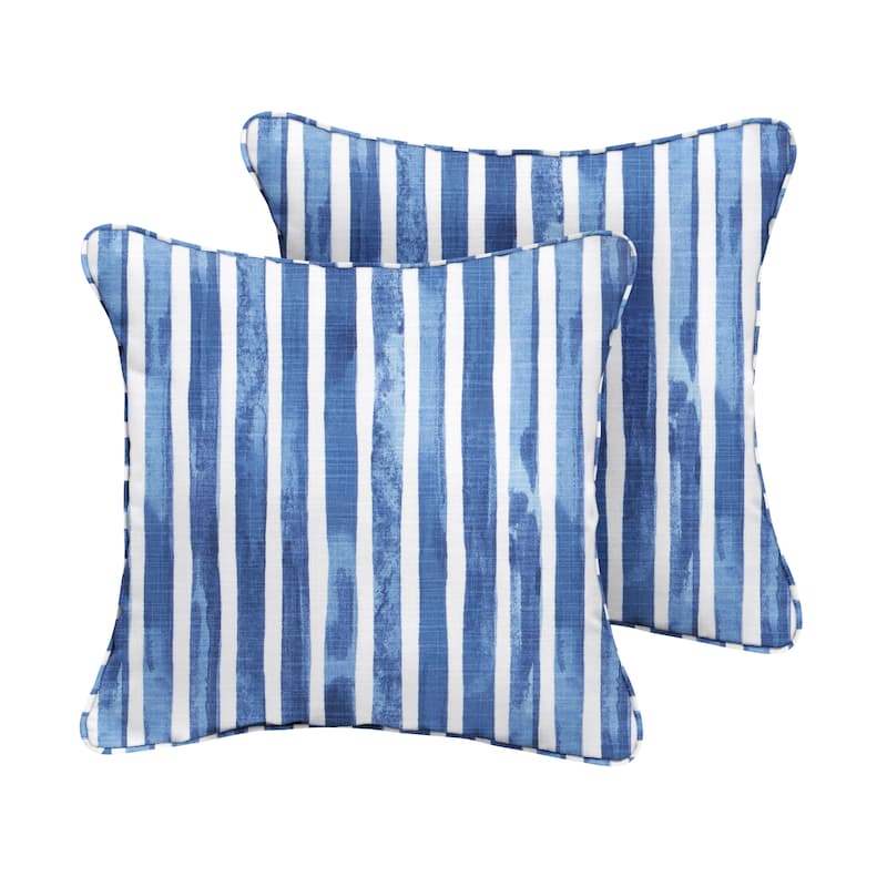 Sorra Home Blue and White Stripe Indoor/Outdoor Corded Square Pillows (Set of 2)
