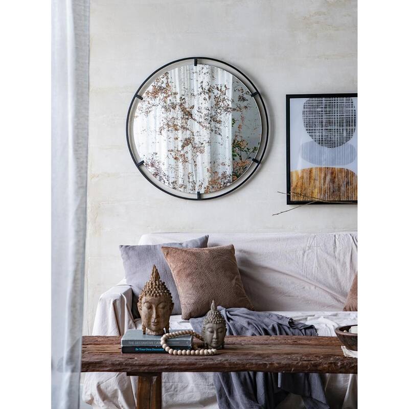 Black Iron Round Wall Mirror with Antique Finish, Vertical Accent Design - 0.7” x 31.5” x 31.5” (D x W x H)