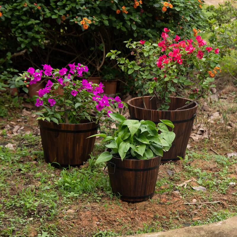 Rustic Wooden Whiskey Barrel Planter with Durable Medal Handles and Drainage Holes - Perfect for Indoor and Outdoor