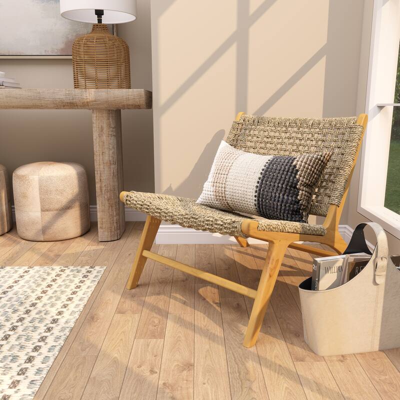 Teak Wood Living Room Accent Chair with Leather or Woven Cane Seat