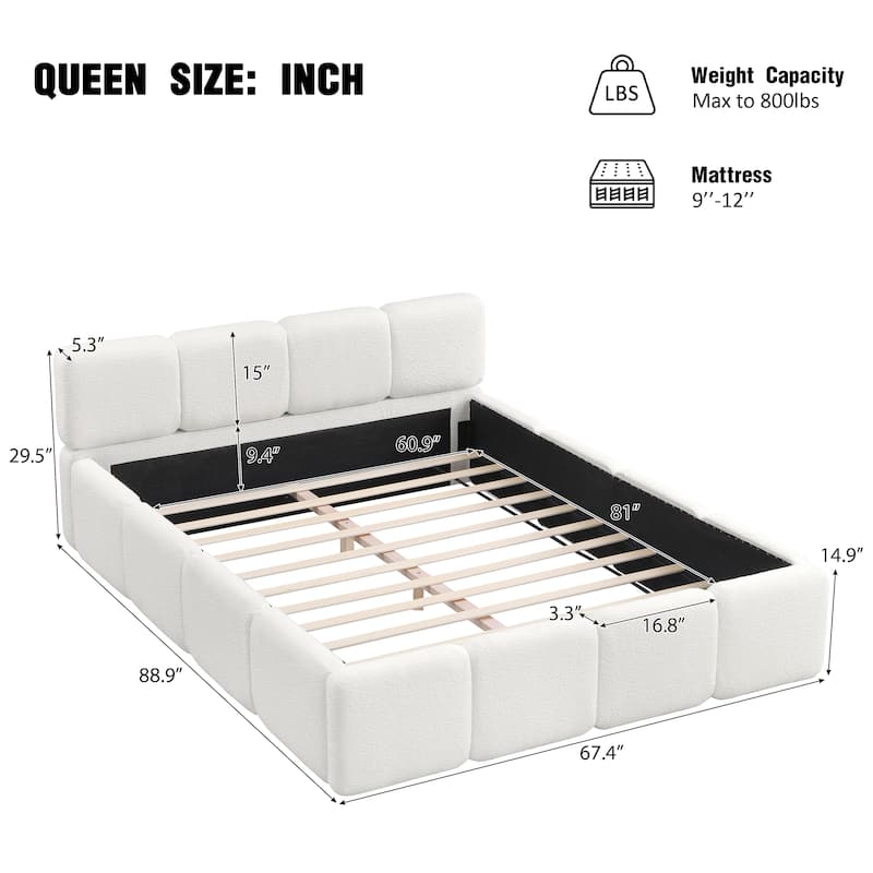 White Block Upholstered Frame Grounded Bed with Boucle Thick Headboard Footboard Platform Bed, Lowprofile Wingback Bed Floor Bed