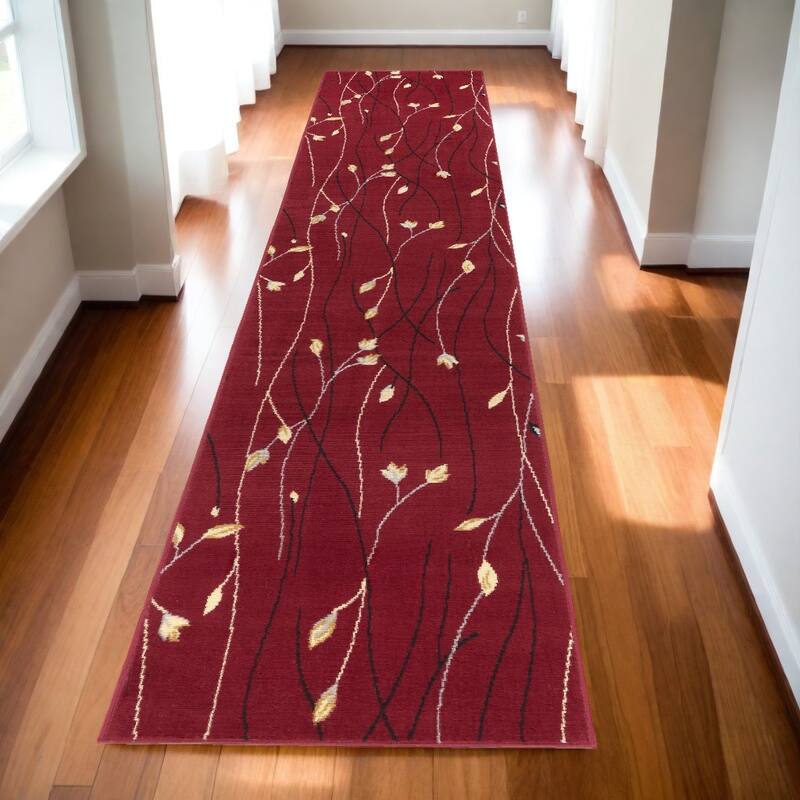 Power Loomed Floral Area Rug - 144' X '27' X '0.5 - 144' X '27' X '0.5 - Red Black and Ivory - Runner