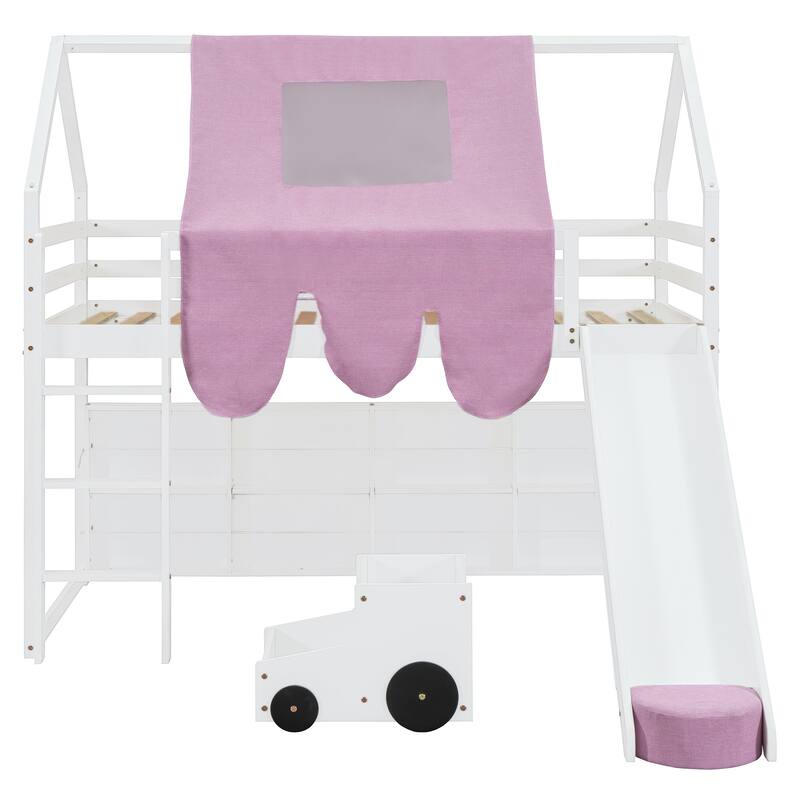 Twin Size Wooden Loft Bed with House-Shaped Frame, Tent, Slide, and Storage, White and Pink