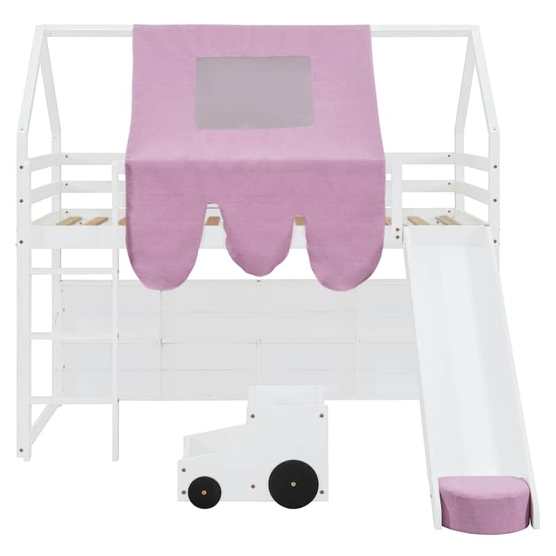 Twin size Wooden Loft Bed House-shaped Frame with a Tent