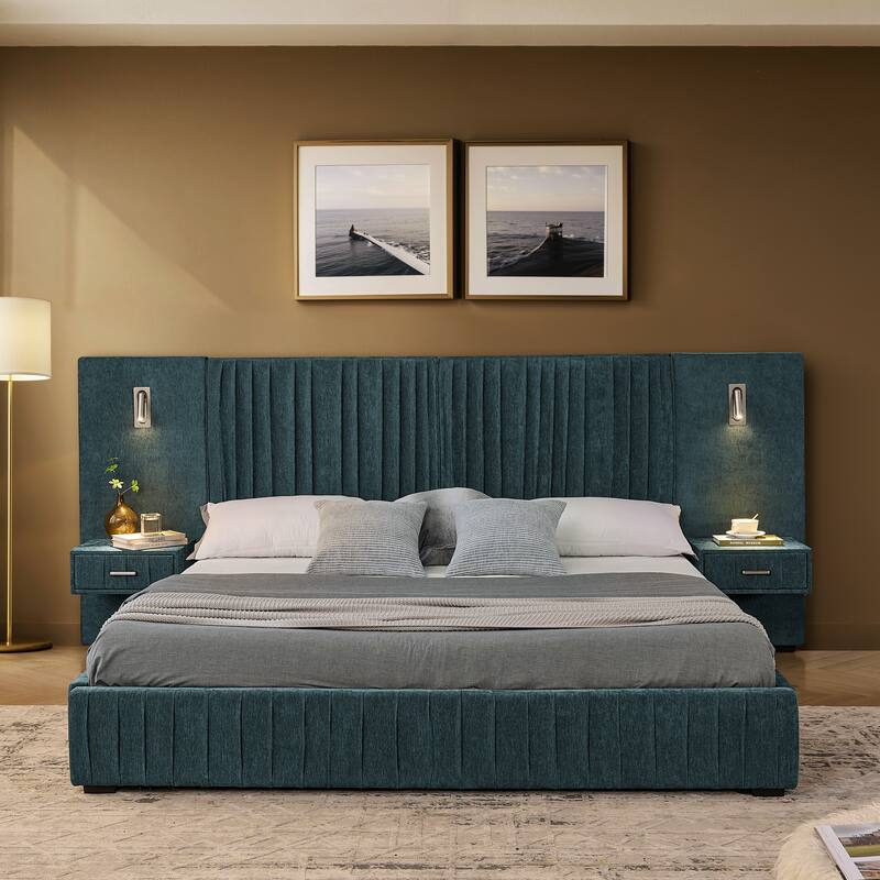 Queen Size Upholstered Bed Frame with Chenille fabric with pleated design,Grounded Queen Size Platform Bed