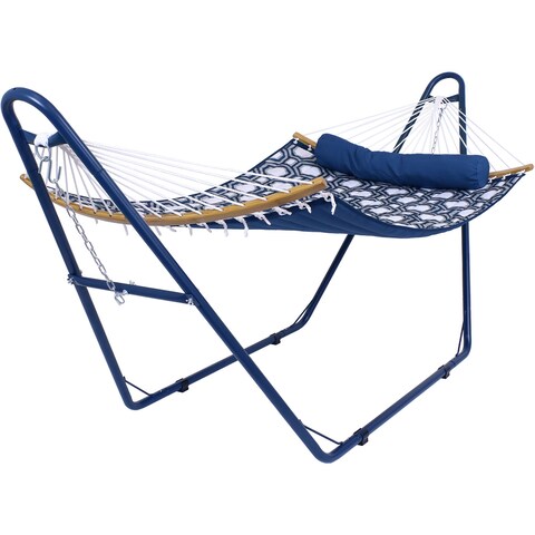 Sunnydaze Curved Spreader Bar Hammock with Blue Stand - Navy and Gray Octagon