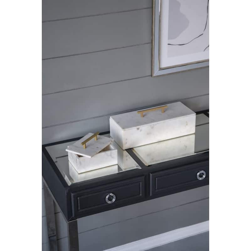 Rectangular Marble Box with Brass Finish Handle - 7" - White