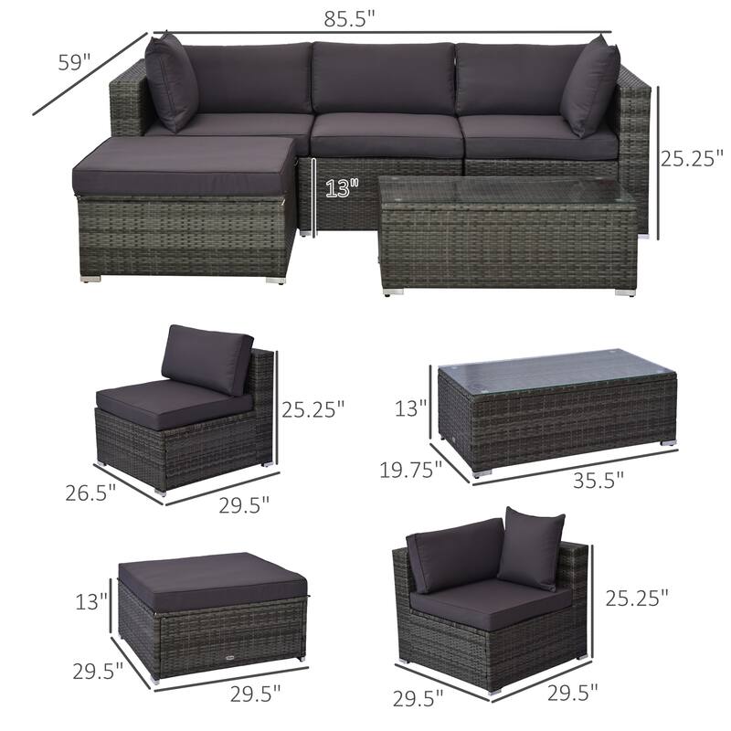 5-Piece Outdoor Sectional Sofa Set PE Rattan Galvanized Steel Frame Patio Deck Garden Couch with Cushions and Ottoman