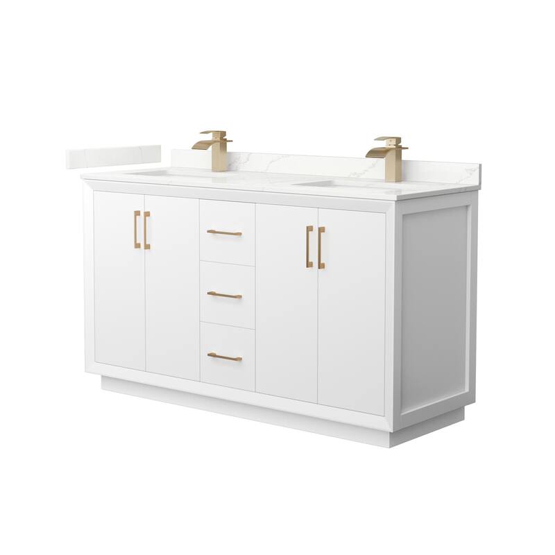 Wyndham Collection WCF414160D-QTZ-UNSMXX Strada 60" Free Standing - White / Giotto Quartz Top / Satin Bronze Hardware