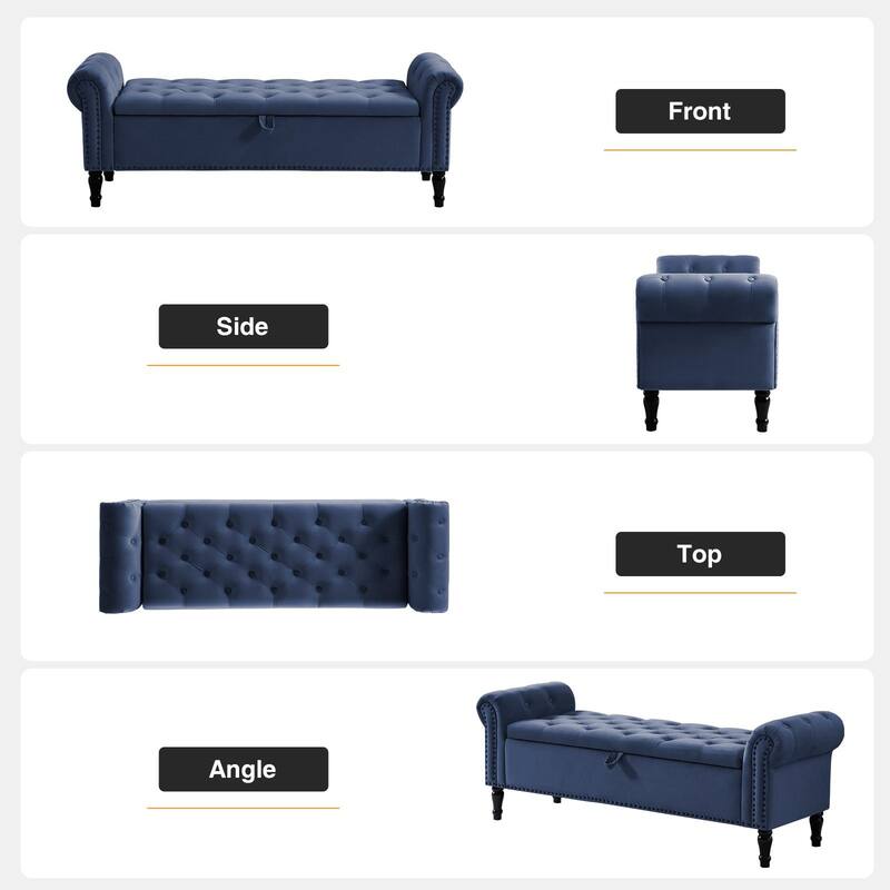 67" Velvet Tufted Storage Bench for Bedroom End of Bed with Roll Arms