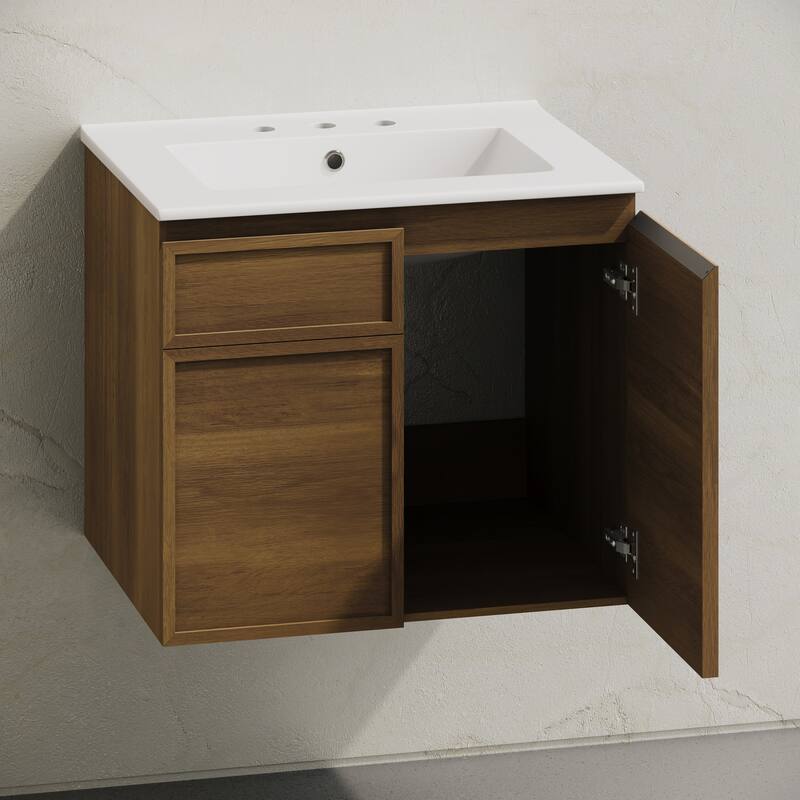 St. Tropez 24" Wall-Mounted Bathroom Vanity In Brown Oak With 3-Hole Widespread Sink Top - 24