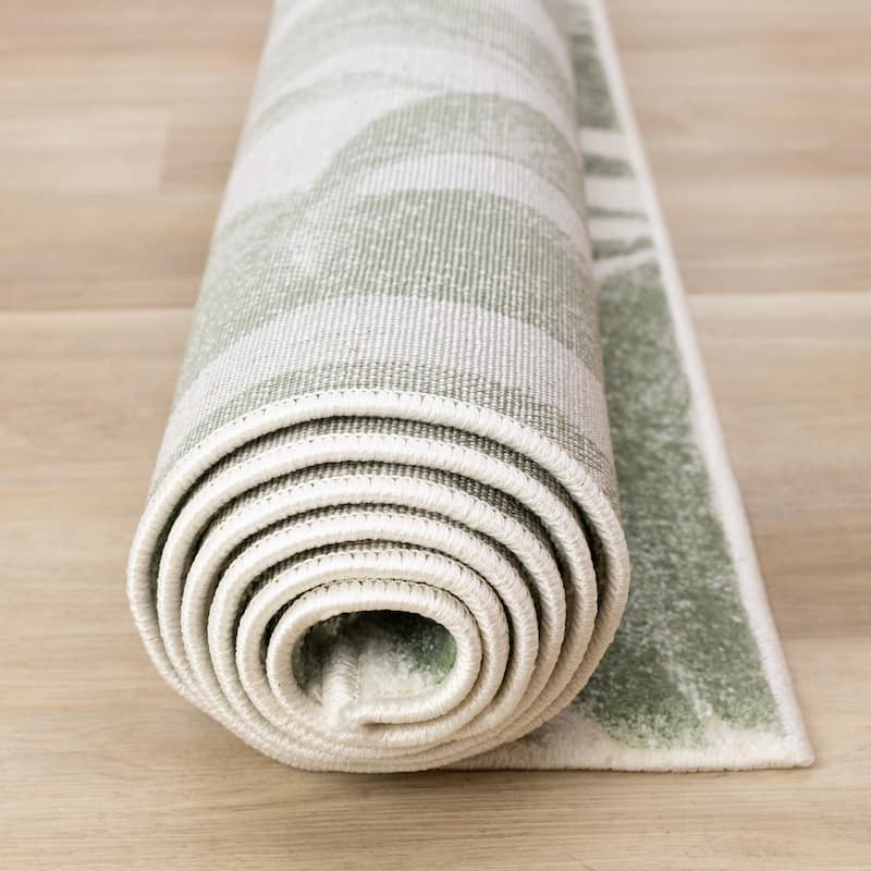 Green White Palm Branch Design Living Room Rug