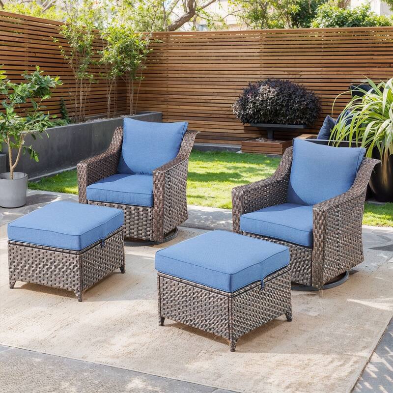 Pocassy All-Weather Rattan Patio Funiture Set - Brown Wicker / Blue Cushion - 4-Piece Swivel Chair with Ottoman