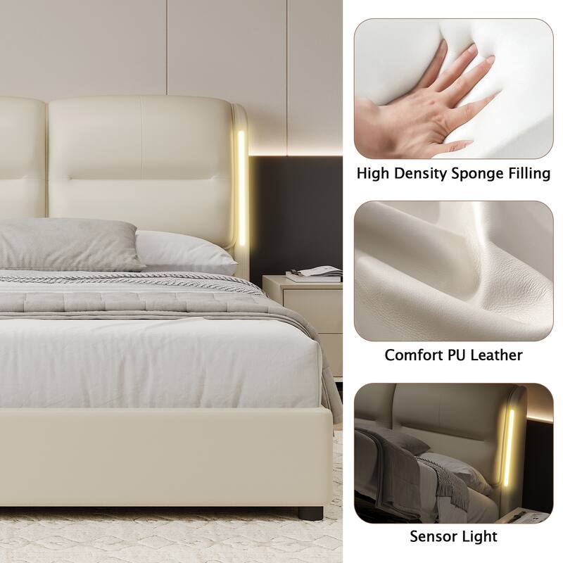 Upholstered Frame Bed Hydraulic Platform Bed with Lift-Up Storage, Queen Size Bed, Wingback Headboard with Sensor Lights