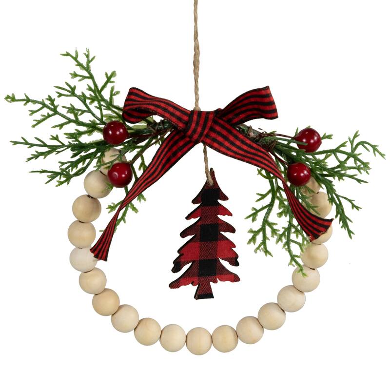 Buffalo Plaid Tree and Bow Wooden Beaded Christmas Wreath Ornament - 5.5"