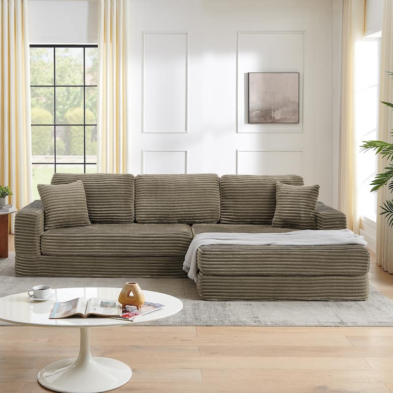 Modern Minimalist L-shape Sectional Sofa with Chaise Lounge Corduroy Compressed Folding Couch Convertible into Floor Bed - Brown