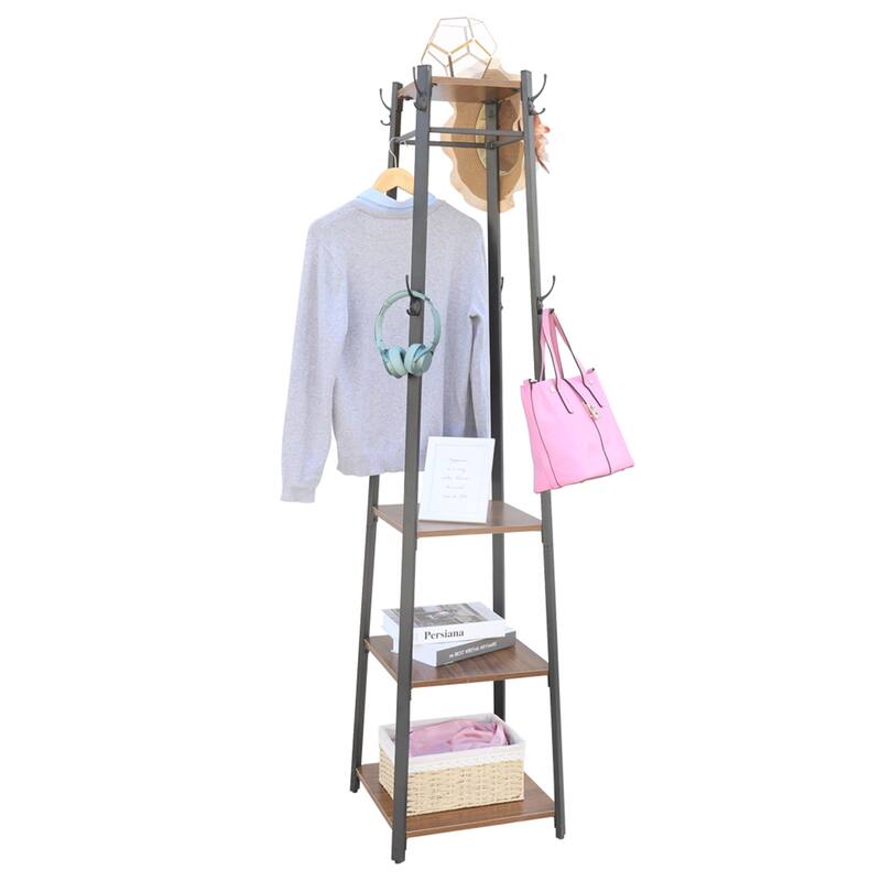 Industrial Coat Rack Stand Hall Tree Clothes Storage Shelves Hooks