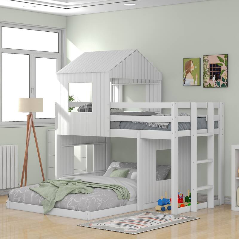 L-Shaped Bunk Bed Playhouse Wooden Twin Over Full House Bed, Loft Bed with Ladder and Guardrails for Bedroom Kids Play & Sleep