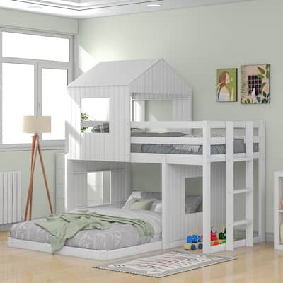Wooden Twin Over Full Loft Bunk Bed with Playhouse and Ladder