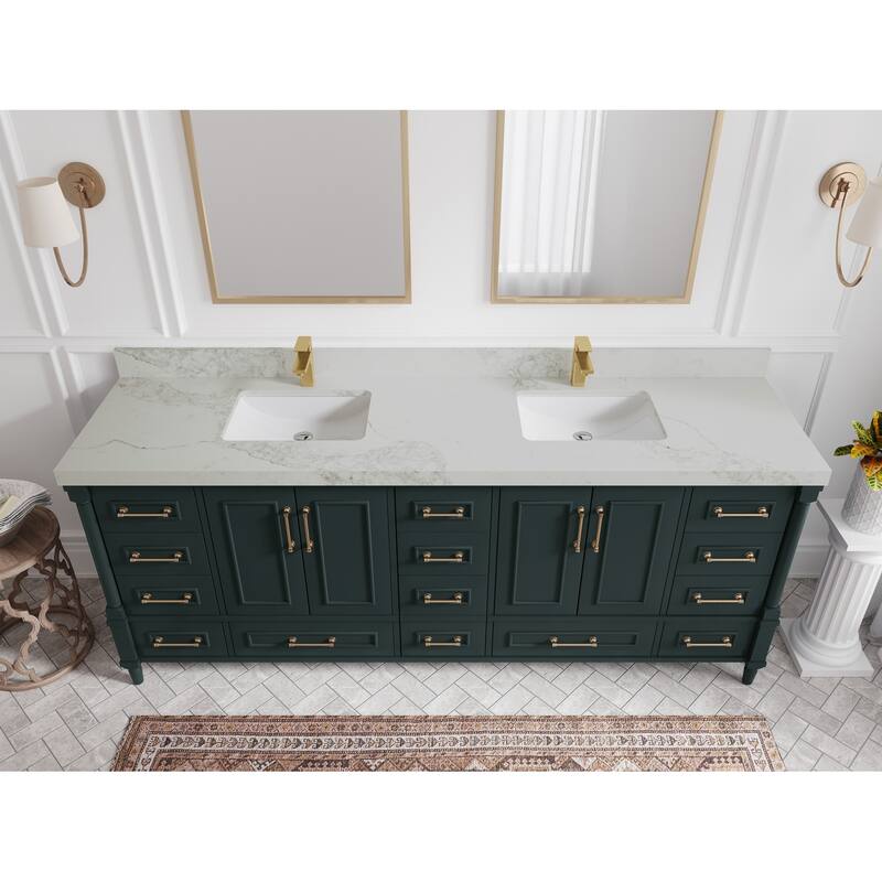 Willow Collections 84 in. W x 22 in. D Aberdeen Double Bowl Sink Bathroom Vanity with Countertop - 2" Calacatta Nuvo - Dark Forest Green