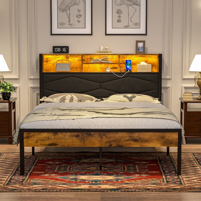 VECELO PU Leather Smart Bed Frame with RGB LED Lights and Bookcase Storage USB Outlet Charging Headboard No Box Spring