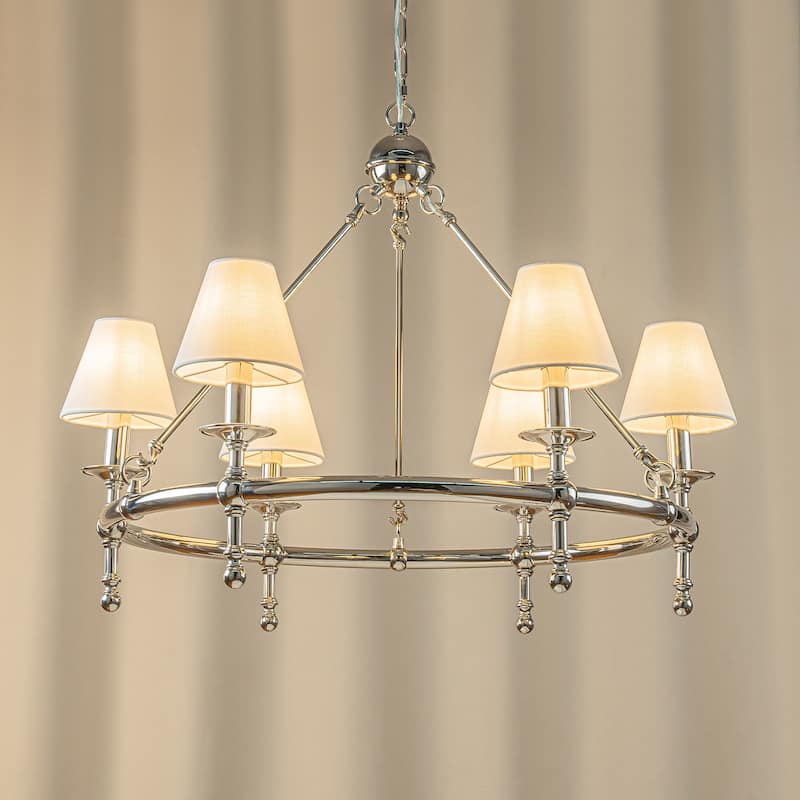 Vintage Chandelier 6-Light Classic Pendant Fixture with White Shades for Elegant Interior Lighting - W33.5'' - Polished Nickel